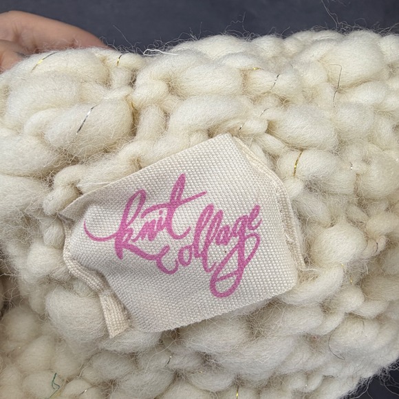 Knit Collage Beanie Hat Womens OS Cream Chunky Wool Pom Pom Anthropologie main image 7
